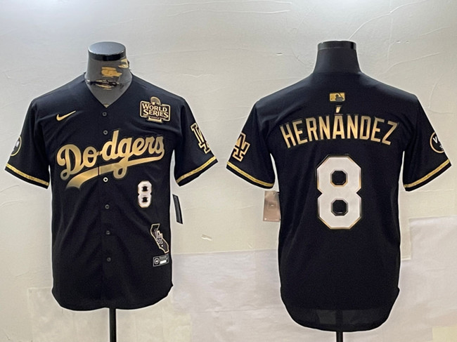 Men's Los Angeles Dodgers #8 Enrique Hernández Black/Gold 2024 World Series With Vin & California Patch Vapor Premier Limited Stitched Baseball Jersey Men's Los Angeles Dodgers #8 Enrique Hernández Black/Gold 2024 World Series With Vin & California Patch Vapor Premier Limited Stitched Baseball Jersey
